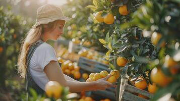 Caucasian farmer woman picking oranges on orange tree The background is an orange orchard and crates containing oranges. photo