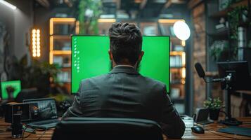 A man working with computer A green screen appears on the monitor to facilitate post-production editing. Professional atmosphere Focused work environment photo