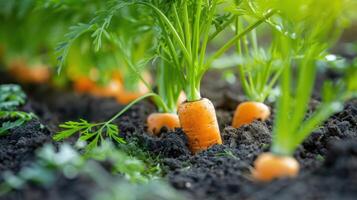Close-up shot of carrots growing in a field. Fresh carrot plants in focus photo