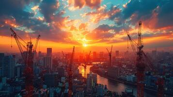A city skyline with a beautiful orange sunset in the background photo