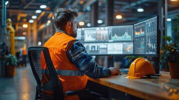A Engineer sitting at desk in front of monitor in modern office space The display is slightly blurry with depth of field blurring. On the monitor were some charts and diagrams. photo