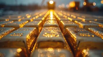 Gold bars in the mining fields are golden and bright. photo
