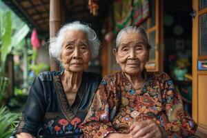 Two old women A bright smile on the face They looked happy and satisfied. photo
