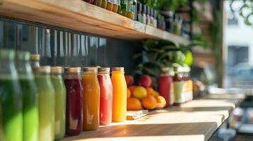 Colorful organic smoothies and fresh juices Colorful fruits and vegetables visible in glass jars on the counter. photo