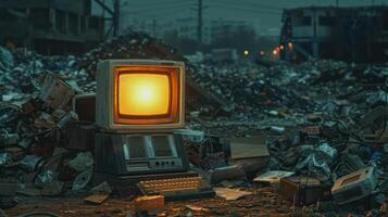 City's waste recycling station is filled with tons of technological junk. In the center of the image, a retro computer faces the camera and lights up. photo