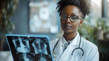 Beautiful black Brazilian doctor Wearing a white coat, she is examining x-rays in her office. photo
