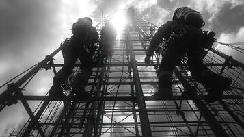 Safety harnesses help keep workers safe as they climb to heights. By their movements synchronized with the rhythm of the construction site. photo