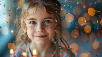 A young girl with blue eyes is smiling at the camera photo