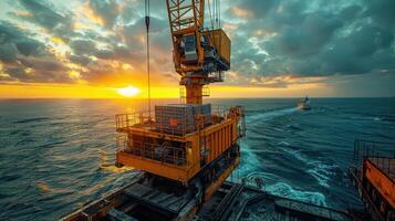 A crane is on a platform in the ocean photo
