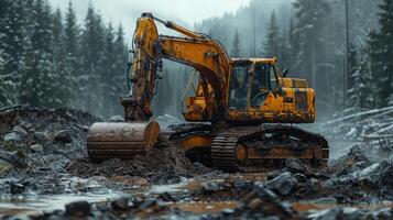 A yellow construction vehicle is driving through a muddy field photo