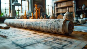 A long roll of paper with drawings on it is on a table photo