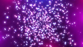 Abstract bright explosion of glowing glitter particles. Colorful fairy fireworks of particles on a gradient background. The speed of neon lights. Seamless loop 4k video