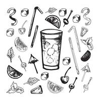 set of alcohol popular cocktails with slices of fruits and decoration of cocktails. Hand draw. Isolated, high resolution elements for summer menu, invitations, vacation design. vector
