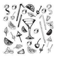 set of alcohol popular cocktails with slices of fruits and decoration of cocktails. Hand draw. Isolated, high resolution elements for summer menu, invitations, vacation design. vector