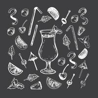set of alcohol popular cocktails with slices of fruits and decoration of cocktails. Hand draw. Isolated, high resolution elements for summer menu, invitations, vacation design. vector
