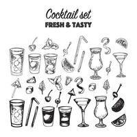 set of alcohol popular cocktails with slices of fruits and decoration of cocktails. Hand draw. Isolated, high resolution elements for summer menu, invitations, vacation design. vector