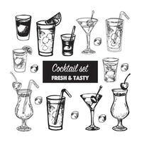 set of alcohol popular cocktails with slices of fruits and decoration of cocktails. Hand draw. Isolated, high resolution elements for summer menu, invitations, vacation design. vector