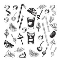 set of alcohol popular cocktails with slices of fruits and decoration of cocktails. Hand draw. Isolated, high resolution elements for summer menu, invitations, vacation design. vector