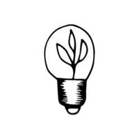 Single element of bulb idea with leaves in doodle ecology set. Hand drawn illustration about environment problems. Sketch elements set for graphic and web design. vector