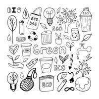 Hand drawn ecology doodle set, illustration about environment problems. Sketch elements set for graphic and web design. Isolated on white background. vector