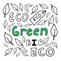 Hand drawn ecology doodle lettering with leaves, illustration about environment problems. Sketch elements set for graphic and web design. vector