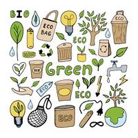 Hand drawn ecology doodle set, illustration about environment problems. Sketch elements set for graphic and web design. Isolated on white background. vector