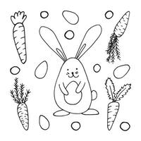 Set of hand drawn carrots and rabbit with eggs for easter design, greeting cards, posters, recipe, culinary design. Isolated on white background. Doodle illustration. vector