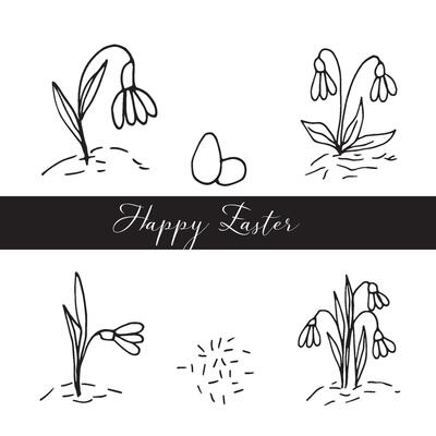 Set of hand drawn flowers snowdrop. Spring blossom. Doodle illustration for wedding design, logo, greeting card and seasonal Easter design.