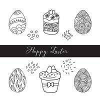 Set of hand drawn easter cake, bread with eggs. Doodle illustration in cute style. Element for greeting cards, posters, stickers and seasonal design. Isolated on white background vector