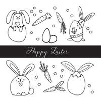 Set of hand drawn carrots and rabbit with eggs for easter design, greeting cards, posters, recipe, culinary design. Isolated on white background. Doodle illustration. vector