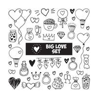 Big set doodle elements for valentine's day cards, posters, wrapping and design. Hand drawn heart, isolated on white backdrop. Geometric shape and symbol. vector