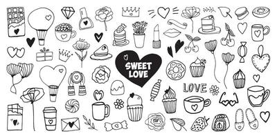 Big set doodle elements for valentine's day cards, posters, wrapping and design. Hand drawn heart, isolated on white backdrop. Geometric shape and symbol. vector