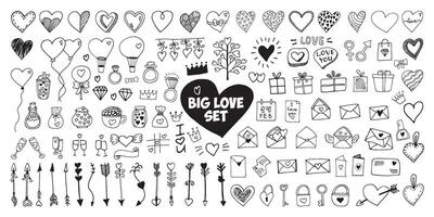 Big set doodle elements for valentine's day cards, posters, wrapping and design. Hand drawn heart, isolated on white backdrop. Geometric shape and symbol. vector