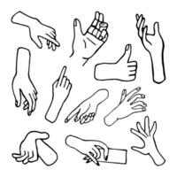 Hand drawn doodle set of illustration of palms, hands. Human concept design. Pointer sign, gesture vector