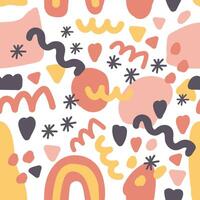 Colorful seamless pattern. Memphis style. texture with stone fragments, hearts, snowflakes, shapes. Trendy abstract background. Hand drawn design for textile, fashion card, invitation. Summer color. vector