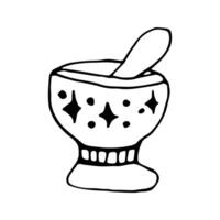Doodle elements about magic mortar. Hand drawn illustration with esoteric symbols. Isolated on white backdrop. vector