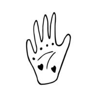 Cute doodle elements about magic and chiromancy, divination. Hand drawn hand with magical symbols. Isolated on white backdrop. vector