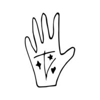 Cute doodle elements about magic and chiromancy, divination. Hand drawn hand with magical symbols. Isolated on white backdrop. vector