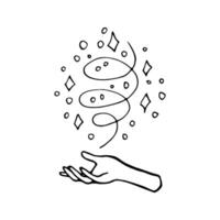 Cute doodle elements about magic and chiromancy, divination. Hand drawn hand with magical symbols. Isolated on white backdrop. vector