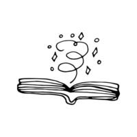 Doodle elements about magic book with glow. Hand drawn illustration with esoteric symbols. Isolated on white backdrop. vector