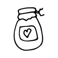 Single hand drawn element jar with jam for New Year or autumn thanksgiving greeting cards, posters, stickers and seasonal design. Isolated on white background. Doodle illustration. vector