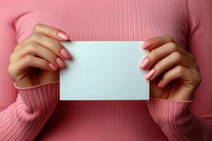 A woman is holding a blank piece of paper in her hand photo