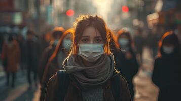 Group of people wearing masks to prevent epidemic outbreak Guidelines for prevention of infection with the KP2 virus strain caused by COVID-19. photo