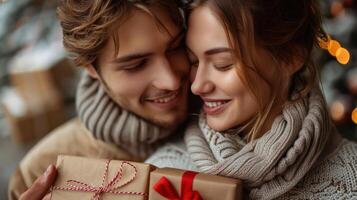 Couple exchanging gifts on Valentine's Day. photo