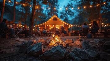 Friends making s'mores around a fire pit on the Fourth of July. photo