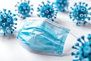 Protective mask and corona virus isolated on white background. photo
