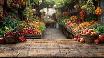 Product background with wooden table Fruit at the farmer's market. photo