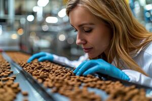 A Female nutritionist working to inspect the quality of pet food in a pet food factory. photo