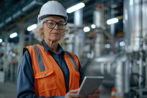 A Older Caucasian female chief engineer in modern industrial factory using tablet and doing inspections photo