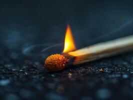A single matchstick on the side points to the left. on a black background photo